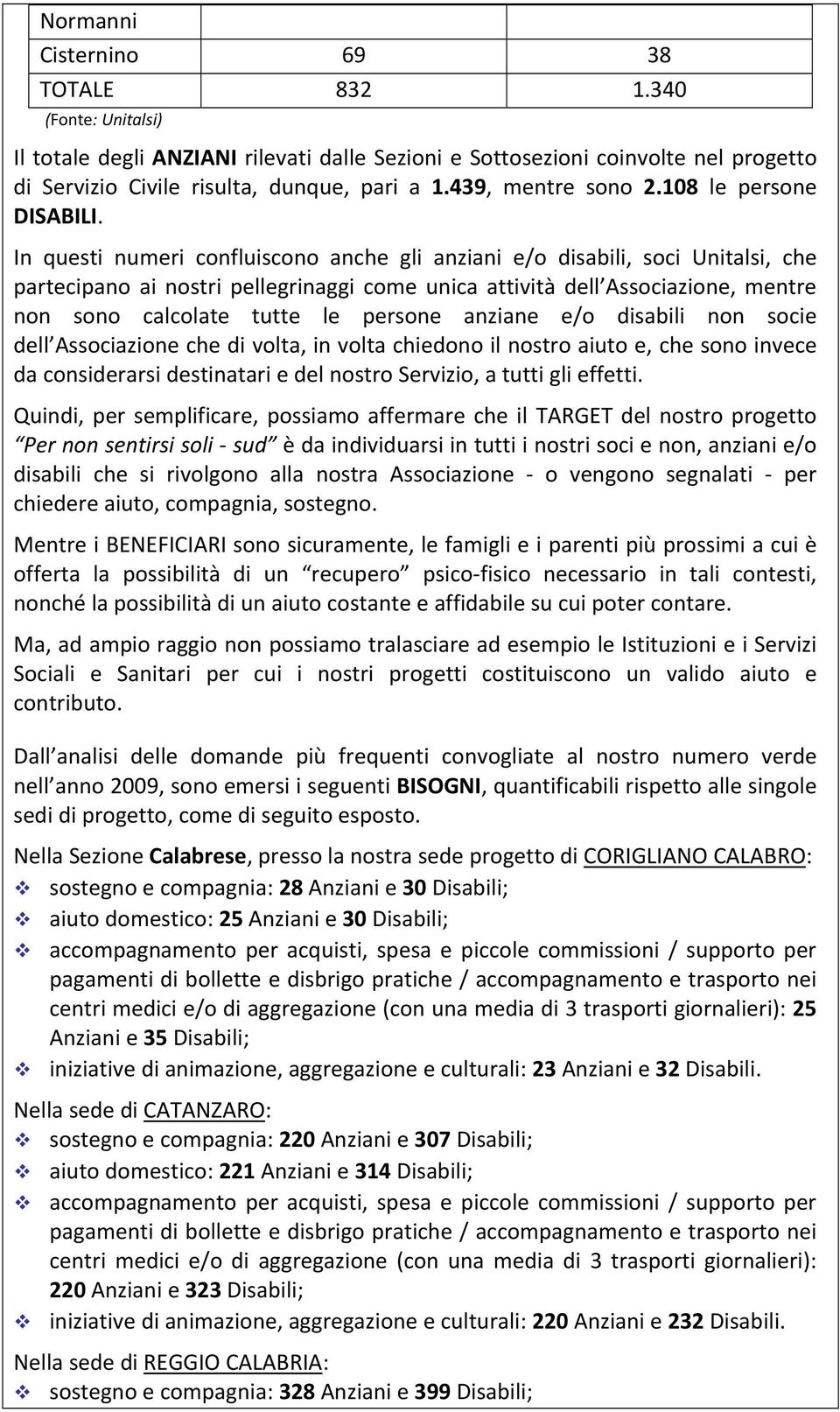 In questi numeri confluiscono anche gli anziani e/o disabili, soci Unitalsi, che partecipano ai nostri pellegrinaggi come unica attività dell Associazione, mentre non sono calcolate tutte le persone