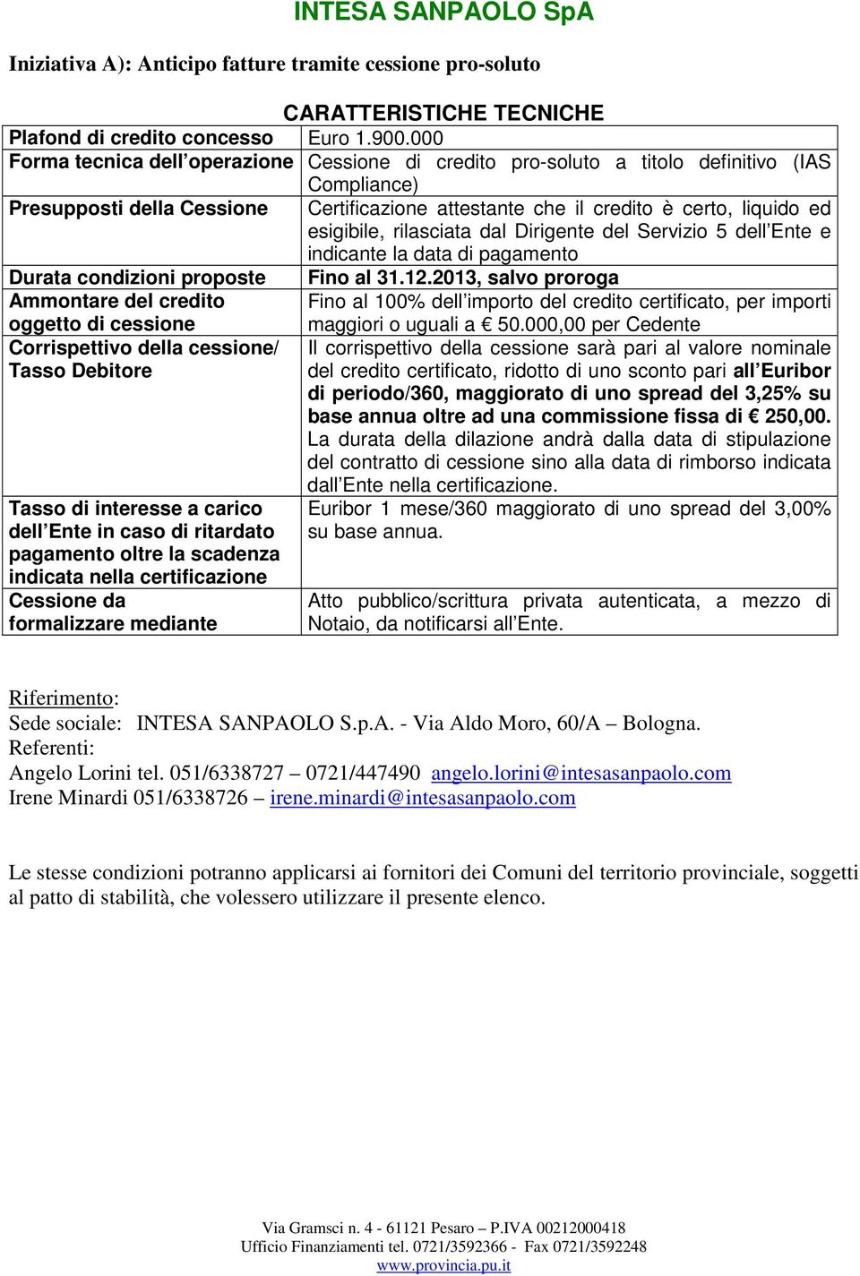 esigibile, rilasciata dal Dirigente del Servizio 5 dell Ente e indicante la data di pagamento Durata condizioni proposte Fino al 31.12.