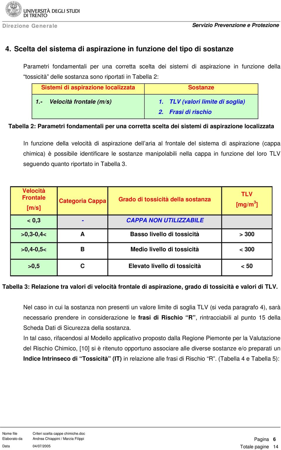 Frasi di rischio Tabella 2: Parametri fondamentali per una corretta scelta dei sistemi di aspirazione localizzata In funzione della velocità di aspirazione dell aria al frontale del sistema di