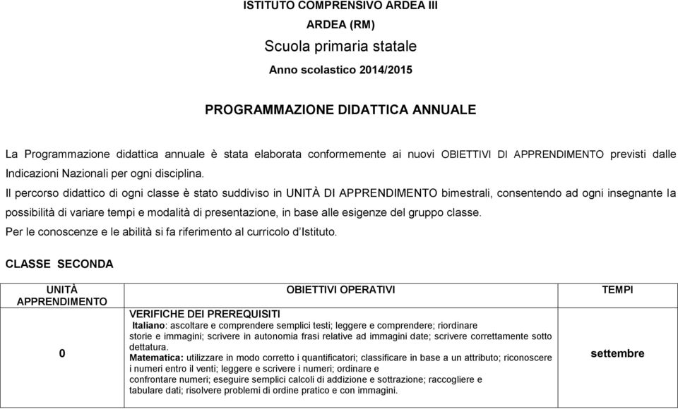 Il percorso didattico di ogni classe è stato suddiviso in UNITÀ DI APPRENDIMENTO bimestrali, consentendo ad ogni insegnante la possibilità di variare tempi e modalità di presentazione, in base alle