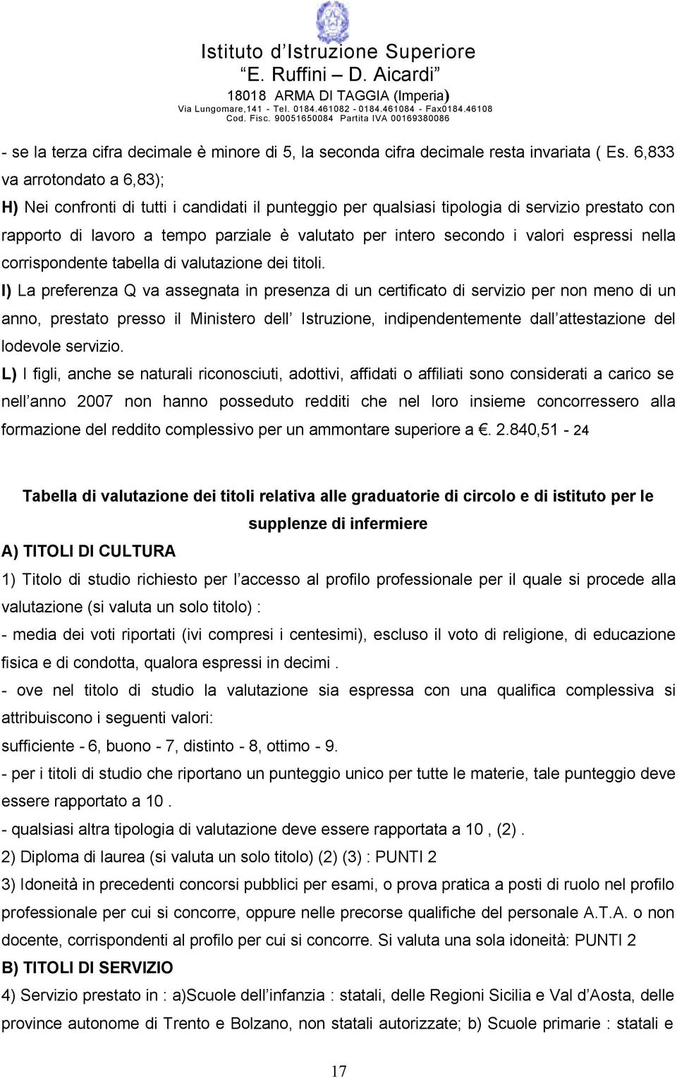 valori espressi nella corrispondente tabella di valutazione dei titoli.