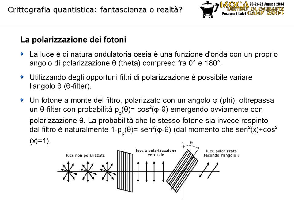 Un fotone a monte del filtro, polarizzato con un angolo φ (phi), oltrepassa un θ-filter con probabilità p φ (θ)= cos 2 (φ-θ) emergendo