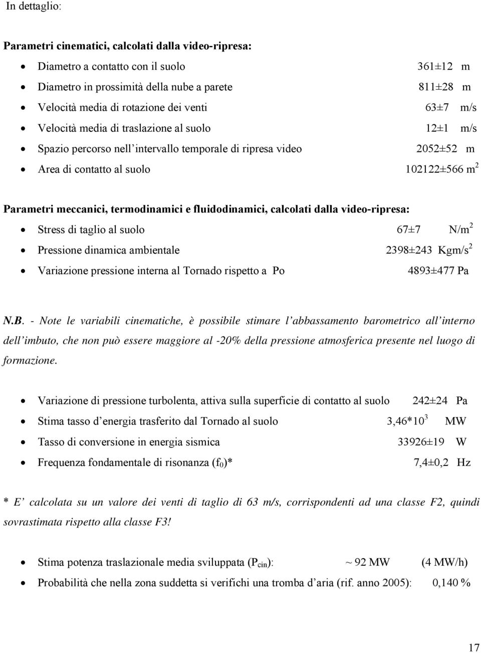 termodinamici e fluidodinamici, calcolati dalla video-ripresa: Stress di taglio al suolo 67±7 N/m 2 Pressione dinamica ambientale 2398±243 Kgm/s 2 Variazione pressione interna al Tornado rispetto a