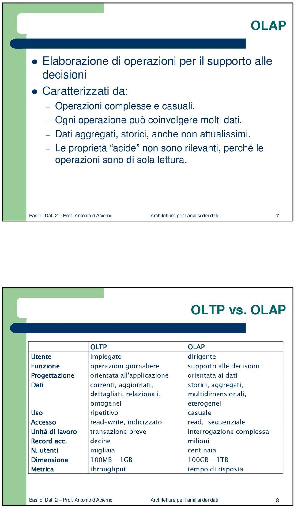 Antonio d Acierno Architetture per l analisi dei dati 7 OLTP vs.