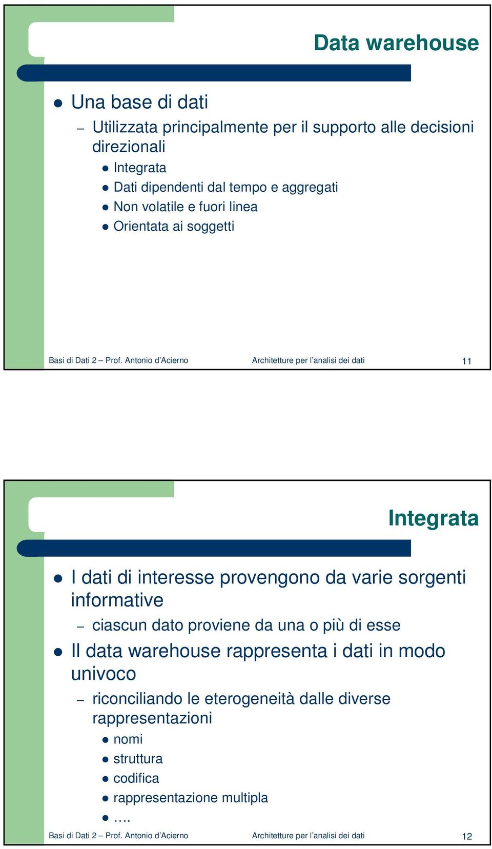 Antonio d Acierno Architetture per l analisi dei dati 11 Integrata I dati di interesse provengono da varie sorgenti informative ciascun dato proviene da una