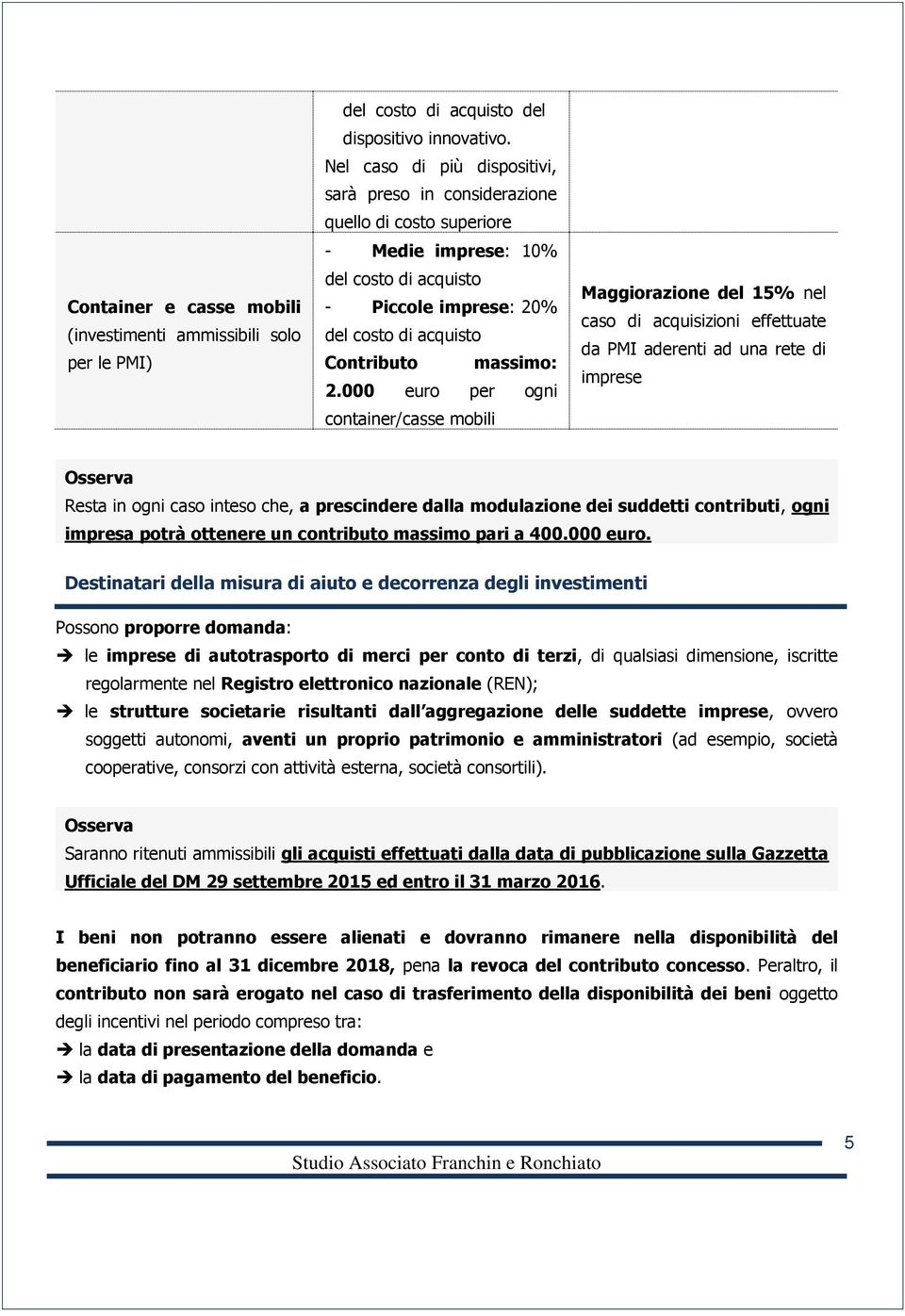 000 euro per ogni container/casse mobili Maggiorazione del 15% nel caso di acquisizioni effettuate da PMI aderenti ad una rete di imprese Resta in ogni caso inteso che, a prescindere dalla