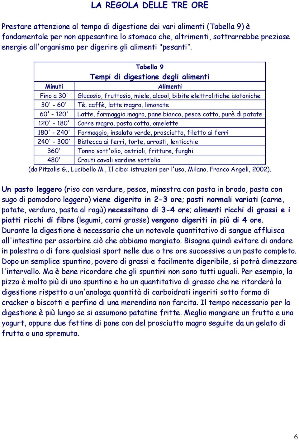 Minuti Fino a 30' Tabella 9 Tempi di digestione degli alimenti Alimenti Glucosio, fruttosio, miele, alcool, bibite elettrolitiche isotoniche 30' - 60' Tè, caffè, latte magro, limonate 60' - 120'