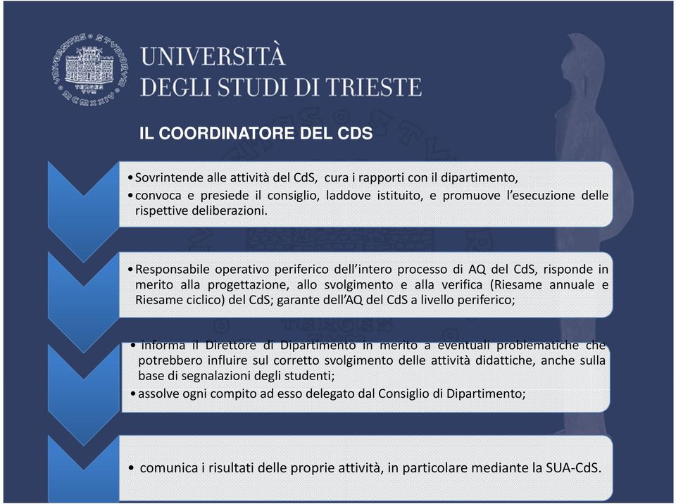 garante dell AQ del CdS a livello periferico; informa il Direttore di Dipartimento in merito a eventuali problematiche che potrebbero influire sul corretto svolgimento delle attività