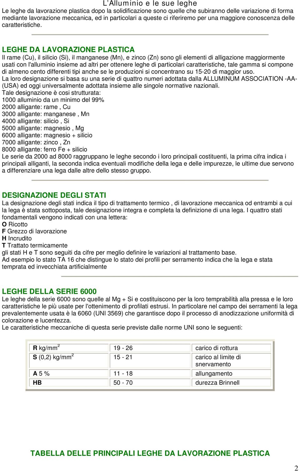 LEGHE DA LAVORAZIONE PLASTICA Il rame (Cu), il silicio (Si), il manganese (Mn), e zinco (Zn) sono gli elementi di alligazione maggiormente usati con l'alluminio insieme ad altri per ottenere leghe di