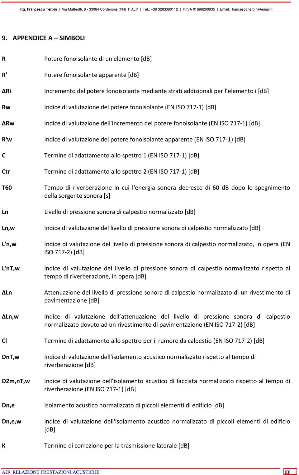 fonoisolante (EN ISO 717-1) [db] Indice di valutazione del potere fonoisolante apparente (EN ISO 717-1) [db] Termine di adattamento allo spettro 1 (EN ISO 717-1) [db] Termine di adattamento allo