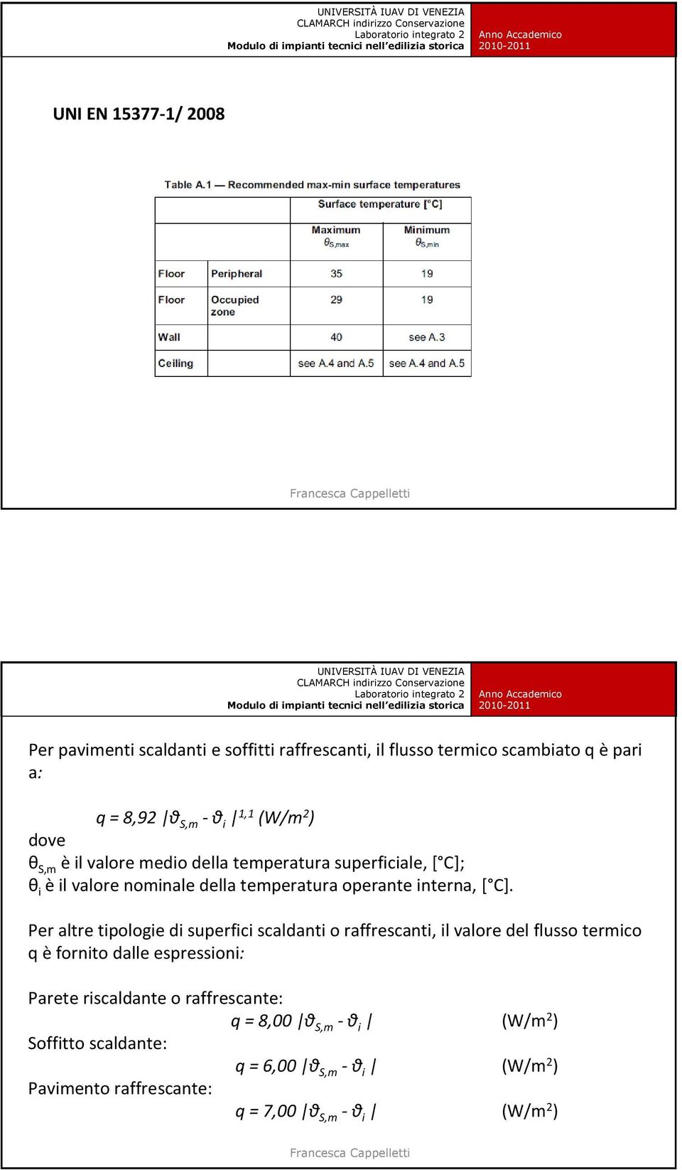 Per altre tipologie di superfici scaldanti o raffrescanti, il valore del flusso termico q è fornito dalle espressioni: Parete riscaldante o