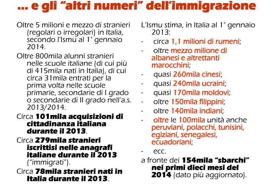 di II grado nell a.s. 2013/2014. Circa 101mila acquisizioni di cittadinanza italiana durante il 2013. Circa 279mila stranieri iscrittisi nelle anagrafi italiane durante il 2013 ( immigrati ).