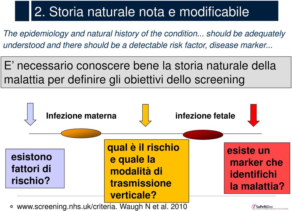 .. E necessario conoscere bene la storia naturale della malattia per definire gli obiettivi dello screening Infezione materna