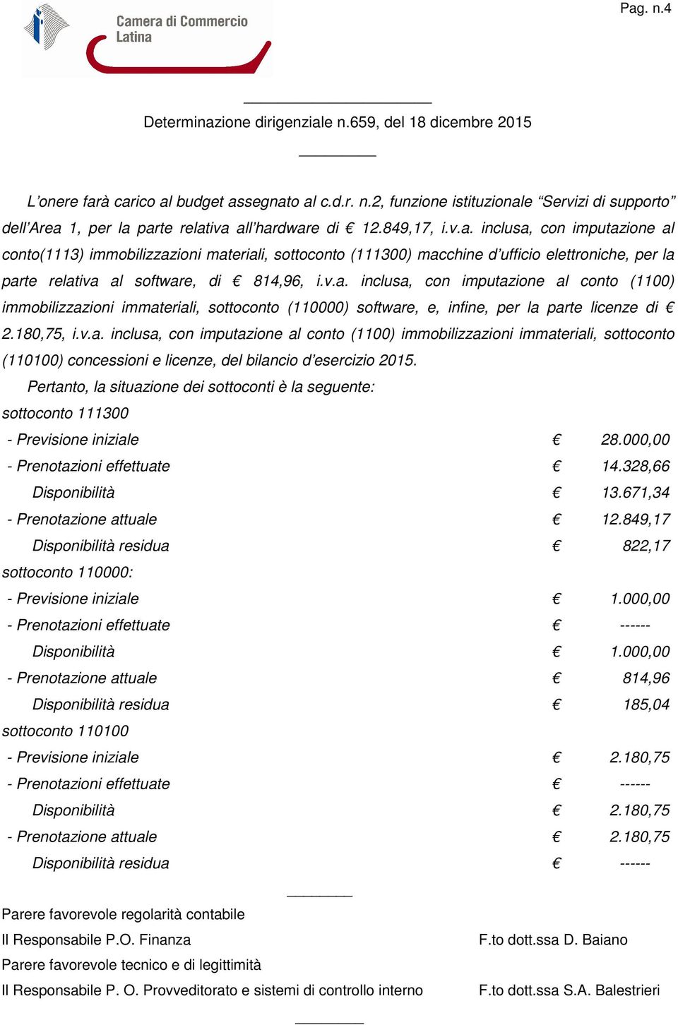 Pertanto, la situazione dei sottoconti è la seguente: sottoconto 111300 - Previsione iniziale 28.000,00 - Prenotazioni effettuate 14.328,66 Disponibilità 13.671,34 - Prenotazione attuale 12.