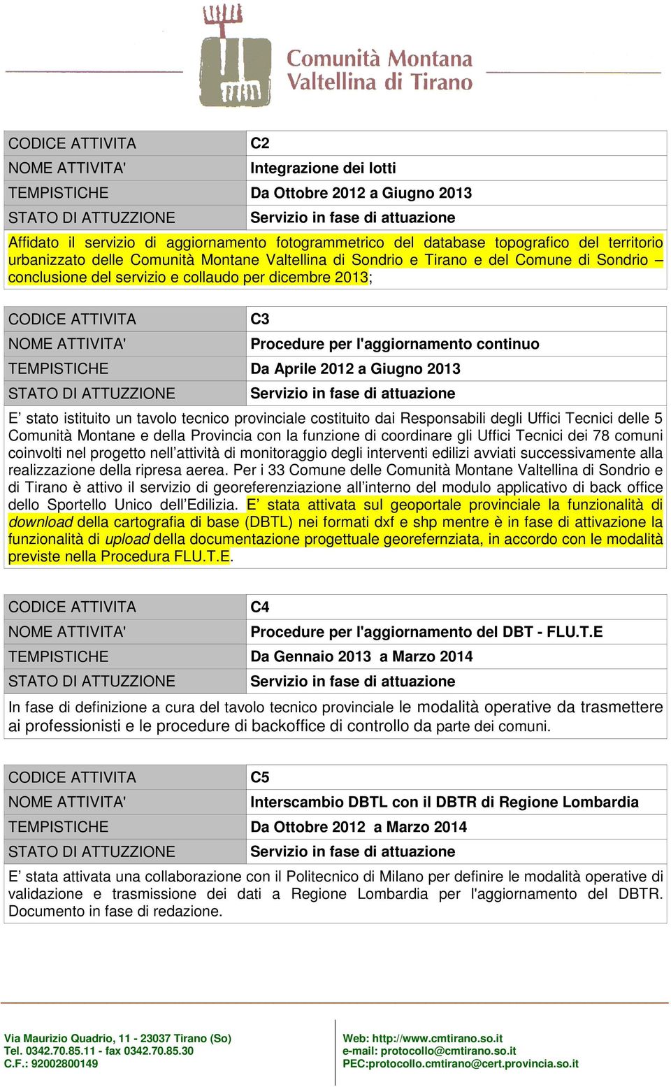 stato istituito un tavolo tecnico provinciale costituito dai Responsabili degli Uffici Tecnici delle 5 Comunità Montane e della Provincia con la funzione di coordinare gli Uffici Tecnici dei 78