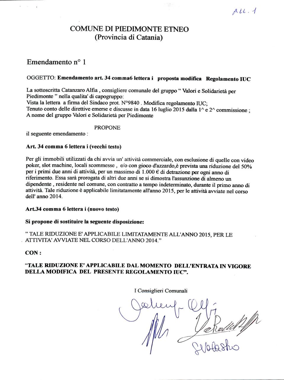 lettera a firma del Sindaco prot. N 9840.