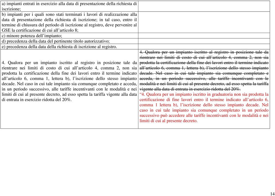 impianto; d) precedenza della data del pertinente titolo autorizzativo; e) precedenza della data della richiesta di iscrizione al registro. 4.