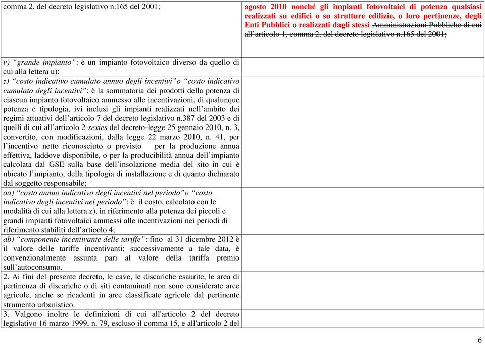 Amministrazioni Pubbliche di cui all articolo 1, 165 del 2001; v) grande impianto : è un impianto fotovoltaico diverso da quello di cui alla lettera u); z) costo indicativo cumulato annuo degli