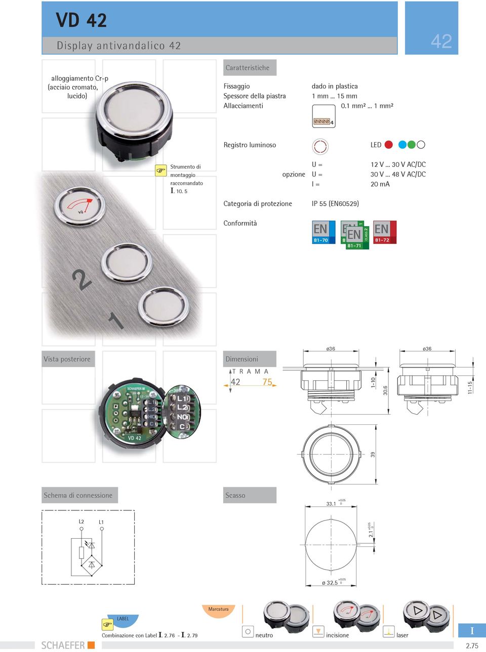 mm 15 mm.1 mm² 1 mm² Registro luminoso LED Strumento di montaggio raccomandato. 1. 5 U = opzione U = = Categoria di protezione P 55