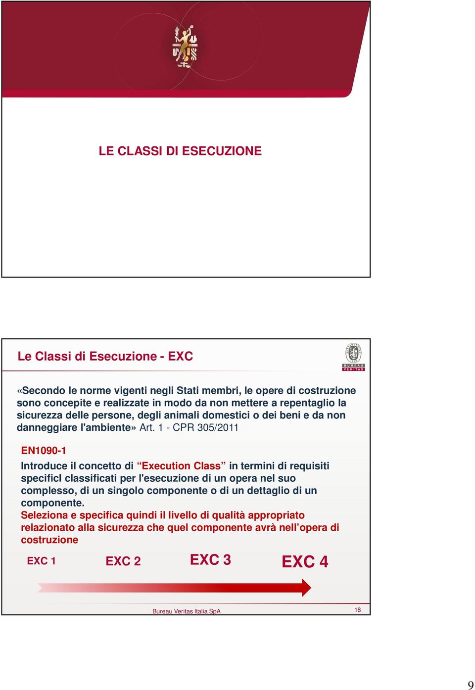 1 - CPR 305/2011 EN1090-1 Introduce il concetto di Execution Class in termini di requisiti specifici classificati per l'esecuzione di un opera nel suo complesso, di un