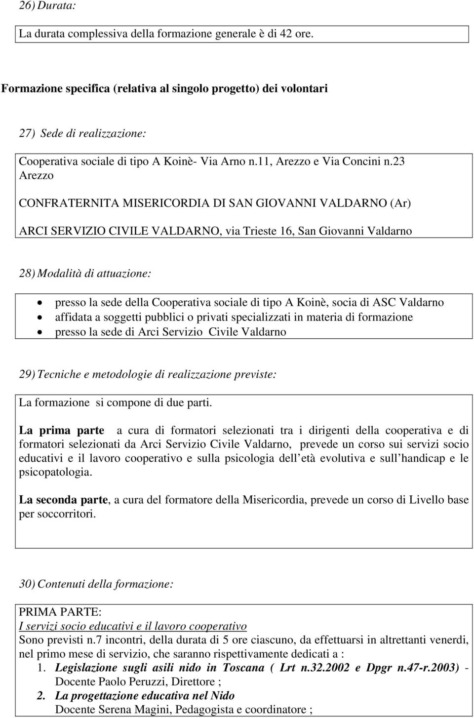 23 Arezzo CONFRATERNITA MISERICORDIA DI SAN GIOVANNI VALDARNO (Ar) ARCI SERVIZIO CIVILE VALDARNO, via Trieste 16, San Giovanni Valdarno 28) Modalità di attuazione: presso la sede della Cooperativa