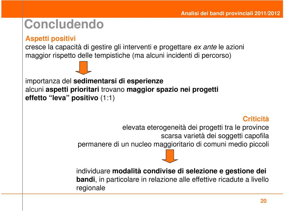 progetti effetto leva positivo (1:1) Criticità elevata eterogeneità dei progetti tra le province scarsa varietà dei soggetti capofila permanere di un nucleo