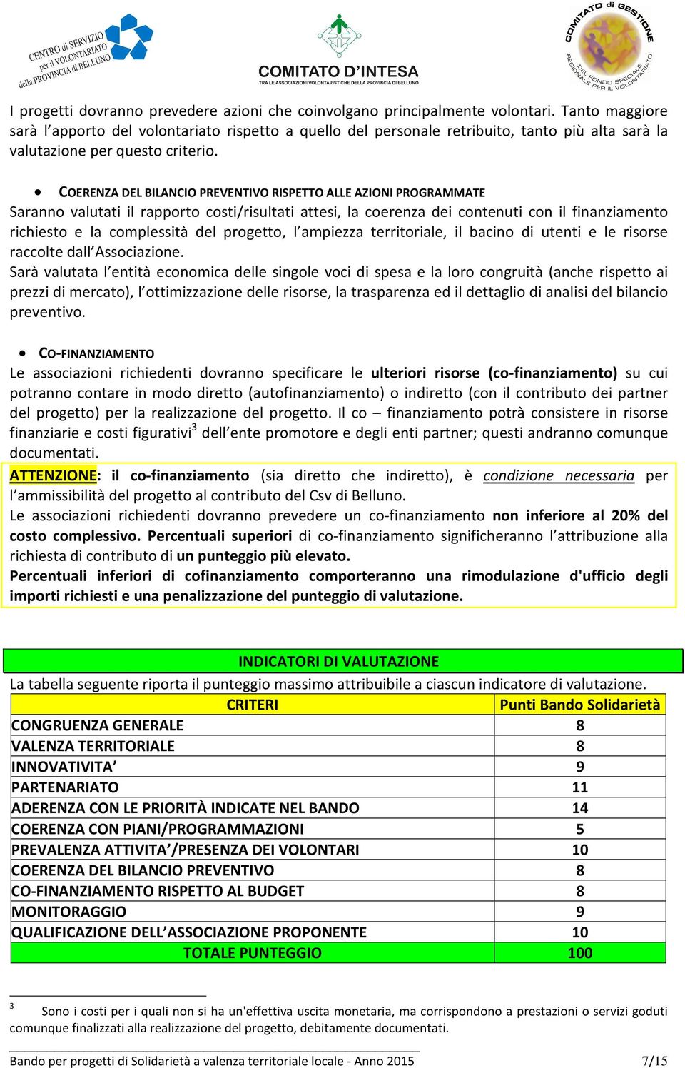 COERENZA DEL BILANCIO PREVENTIVO RISPETTO ALLE AZIONI PROGRAMMATE Saranno valutati il rapporto costi/risultati attesi, la coerenza dei contenuti con il finanziamento richiesto e la complessità del