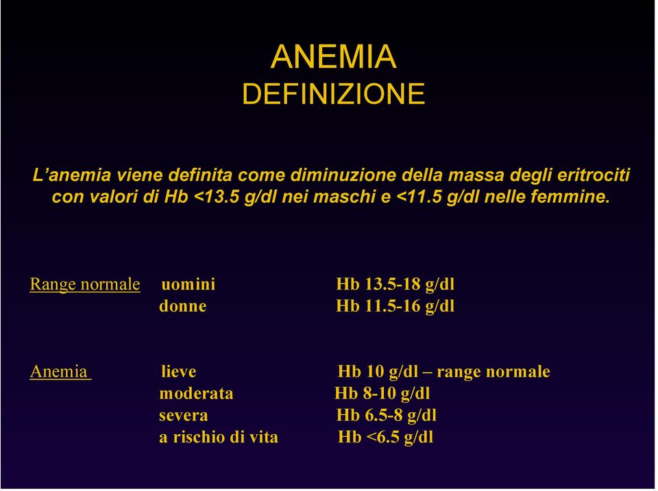 Range normale uomini Hb 13.5-18 g/dl donne Hb 11.