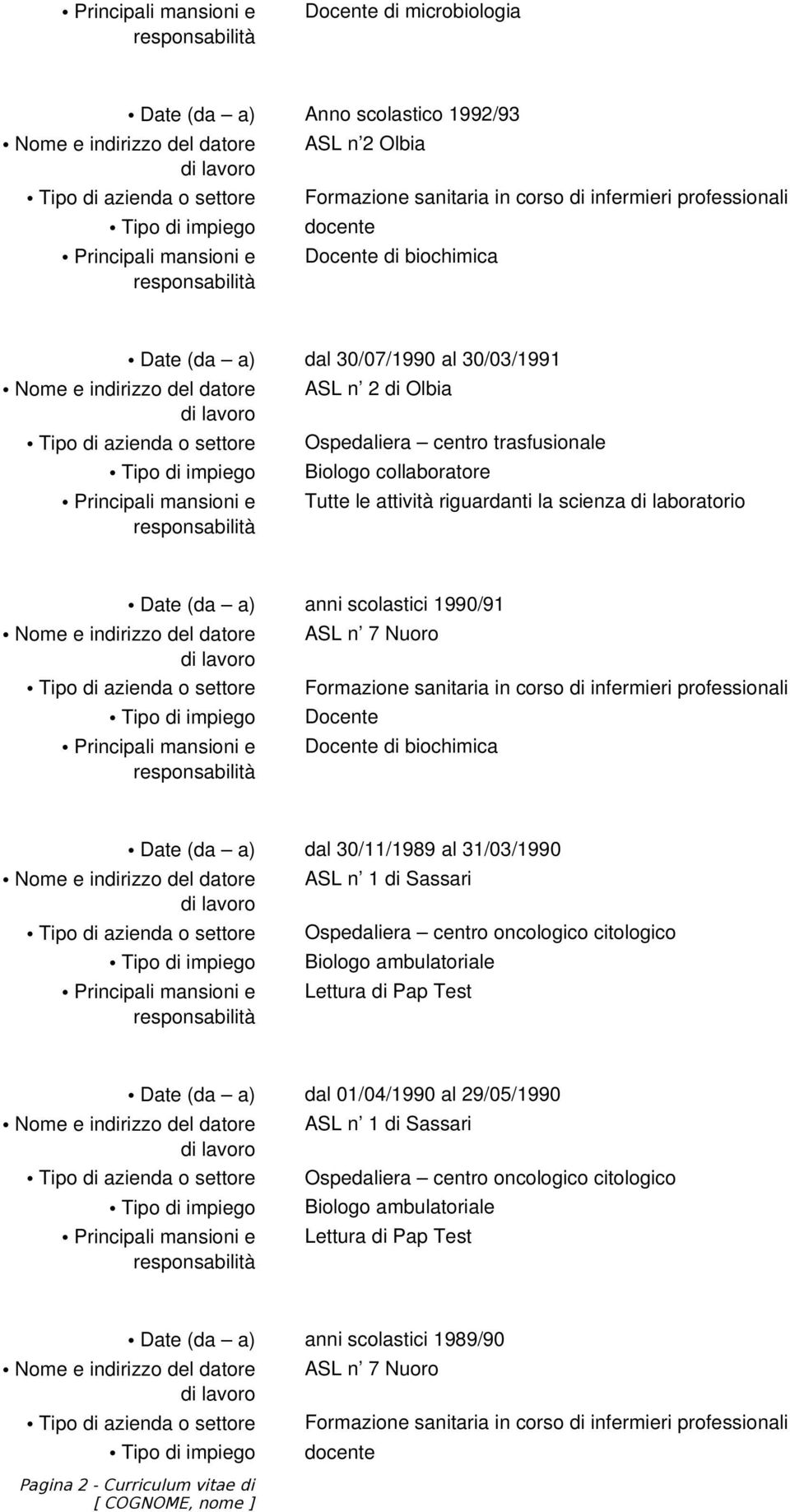 31/03/1990 ASL n 1 di Sassari Ospedaliera centro oncologico citologico Biologo ambulatoriale Lettura di Pap Test Date (da a) dal 01/04/1990 al 29/05/1990 ASL n 1