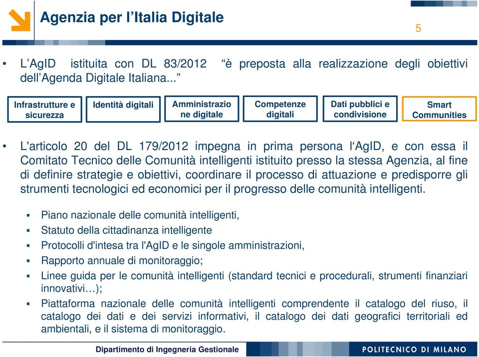 AgID, e con essa il Comitato Tecnico delle Comunità intelligenti istituito presso la stessa Agenzia, al fine di definire strategie e obiettivi, coordinare il processo di attuazione e predisporre gli