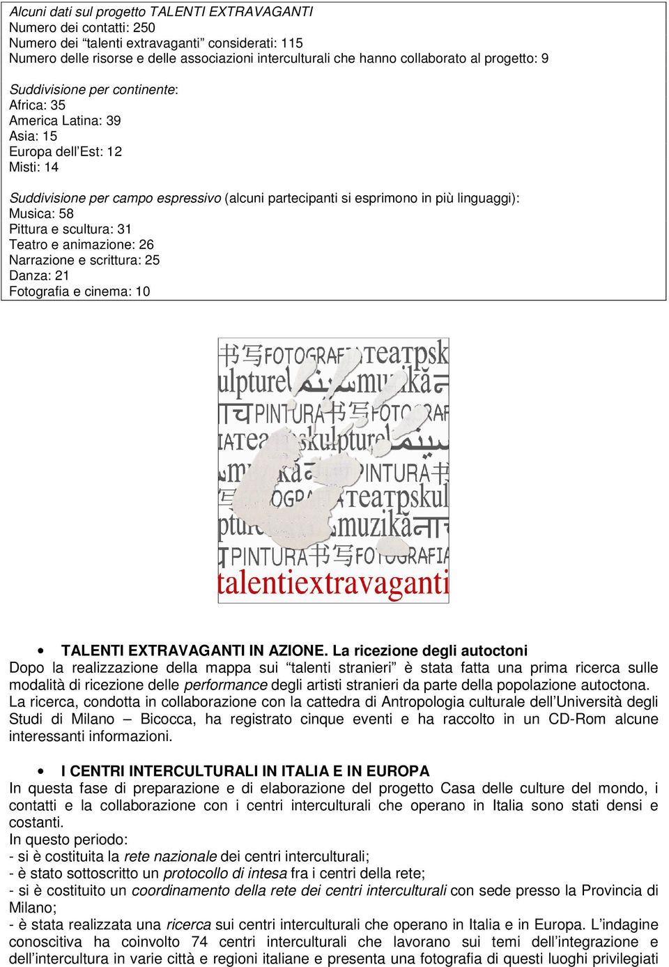 Musica: 58 Pittura e scultura: 31 Teatro e animazione: 26 Narrazione e scrittura: 25 Danza: 21 Fotografia e cinema: 10 TALENTI EXTRAVAGANTI IN AZIONE.