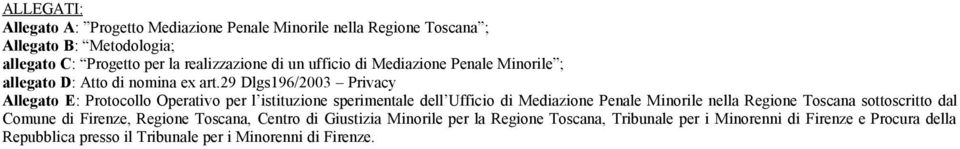 29 Dlgs196/2003 Privacy Allegato E: Protocollo Operativo per l istituzione sperimentale dell Ufficio di Mediazione Penale Minorile nella Regione