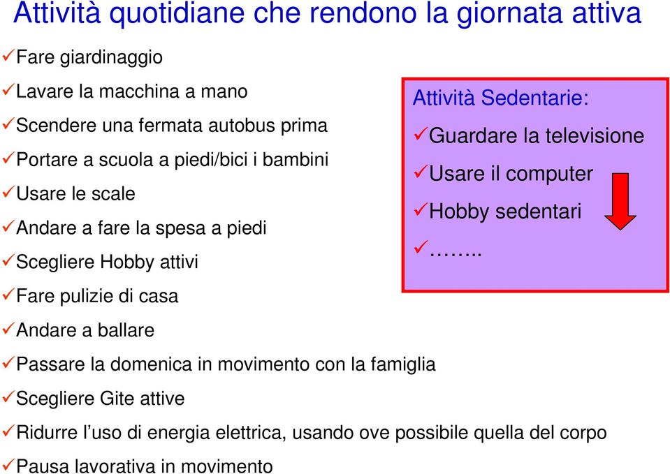 Andare a ballare Attività Sedentarie: Guardare la televisione Usare il computer Hobby sedentari.