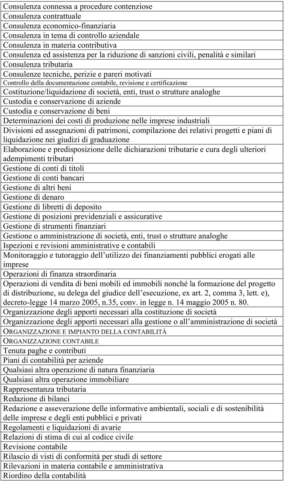 certificazione Costituzione/liquidazione di società, enti, trust o strutture analoghe Custodia e conservazione di aziende Custodia e conservazione di beni Determinazioni dei costi di produzione nelle