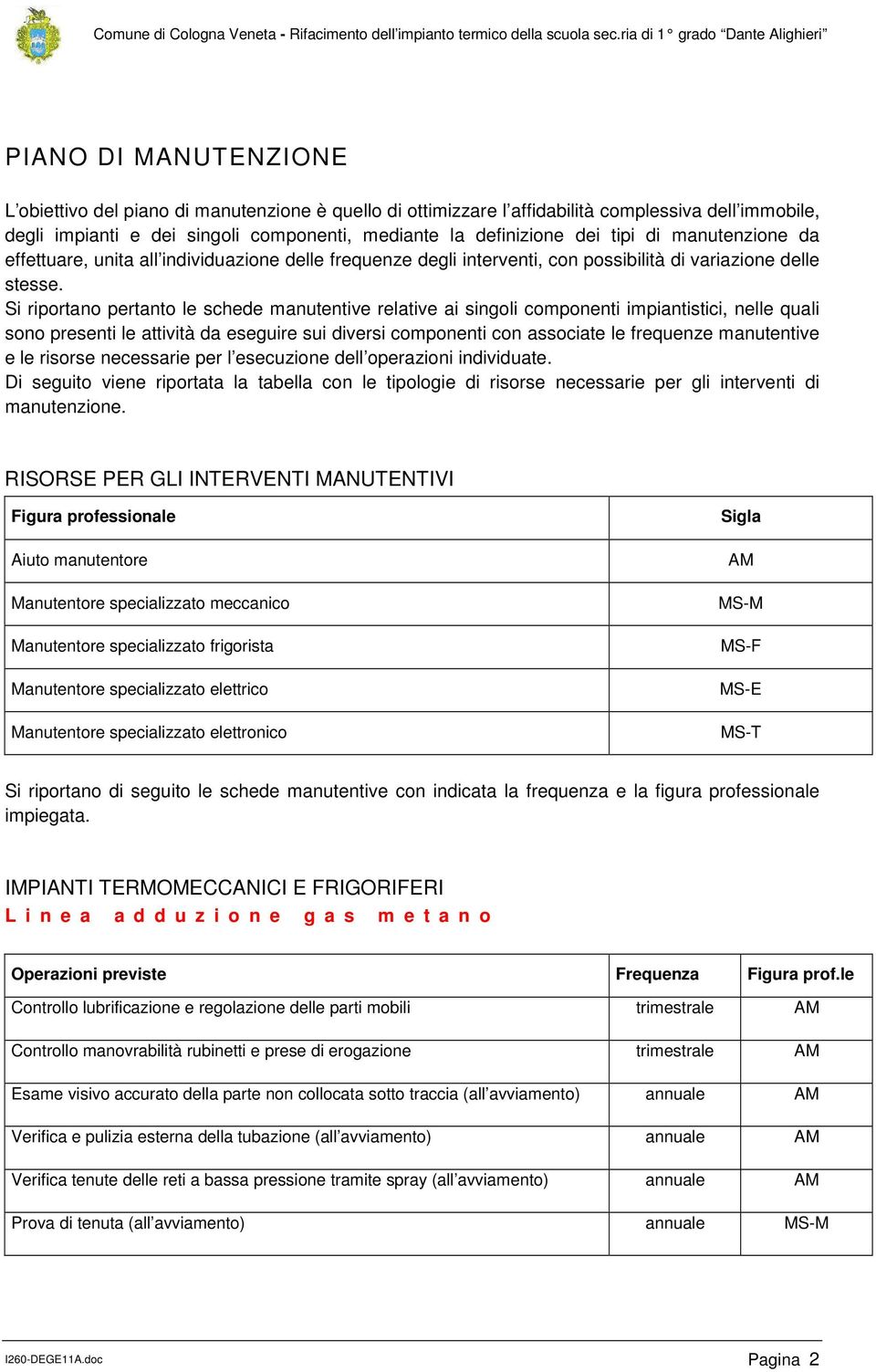 Si riportano pertanto le schede manutentive relative ai singoli componenti impiantistici, nelle quali sono presenti le attività da eseguire sui diversi componenti con associate le frequenze