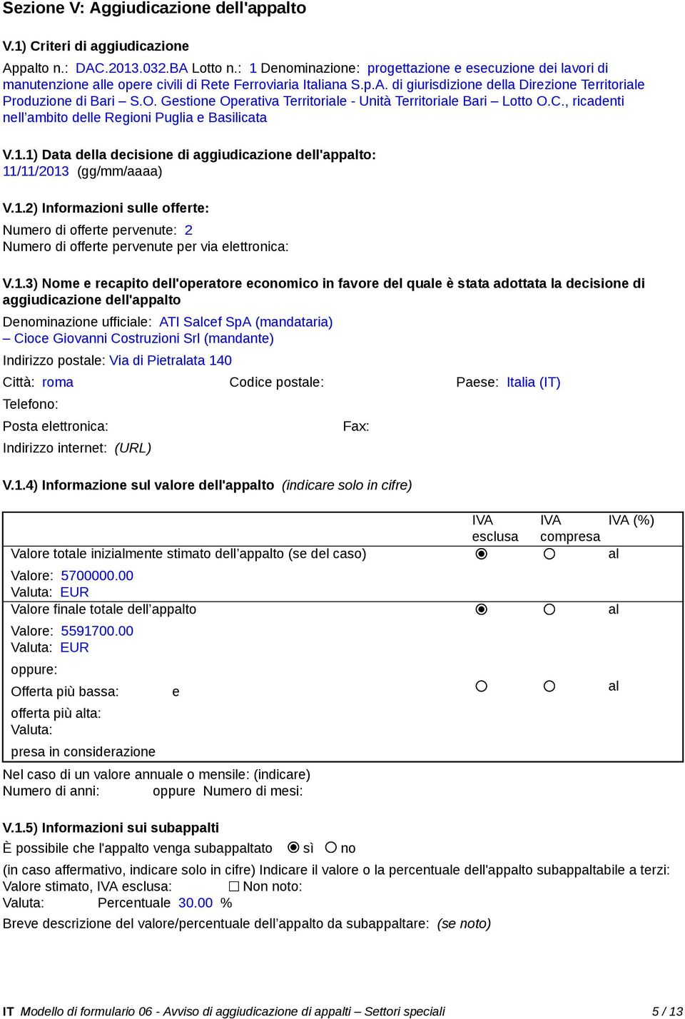 Gestione Operativa Territoriale - Unità Territoriale Bari Lotto O.C., ricadenti nell ambito delle Regioni Puglia e Basilicata V.1.