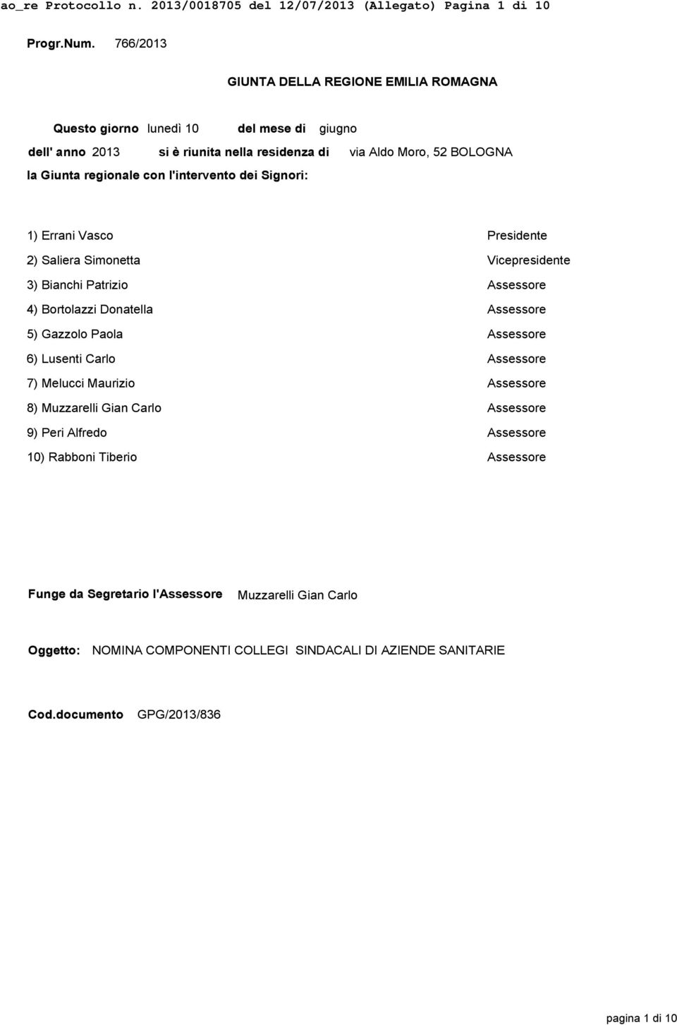 Aldo Moro, 52 BOLOGNA 1) Errani Vasco Presidente 2) Saliera Simonetta Vicepresidente 3) Bianchi Patrizio Assessore 4) Bortolazzi Donatella Assessore 5) Gazzolo Paola Assessore 6) Lusenti