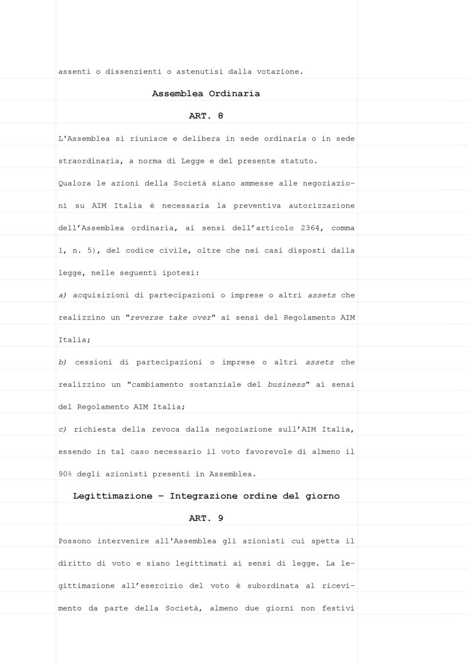 5), del codice civile, oltre che nei casi disposti dalla legge, nelle seguenti ipotesi: a) acquisizioni di partecipazioni o imprese o altri assets che realizzino un "reverse take over" ai sensi del