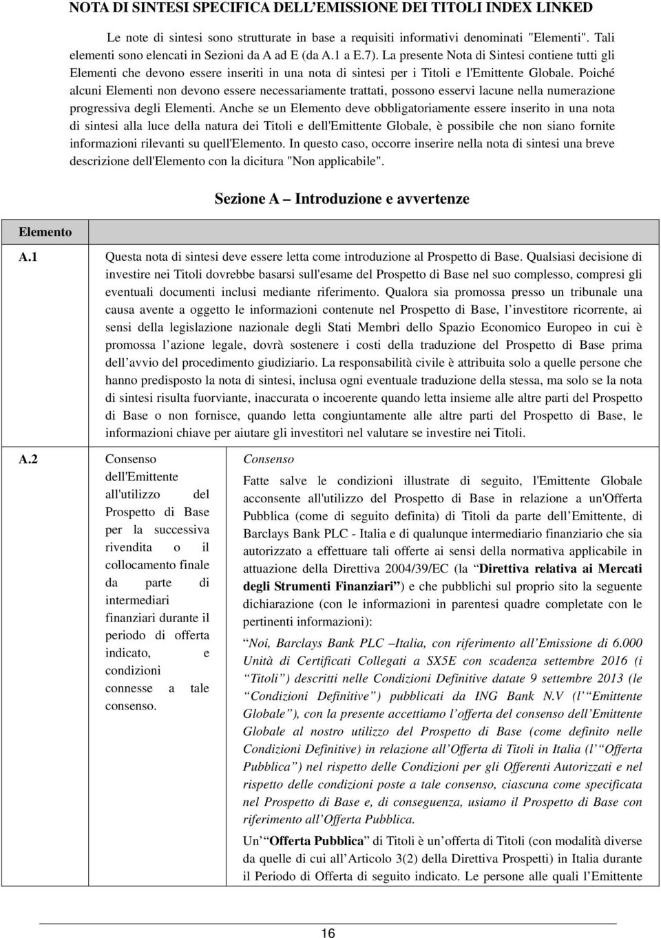 La presente Nota di Sintesi contiene tutti gli Elementi che devono essere inseriti in una nota di sintesi per i Titoli e l'emittente Globale.