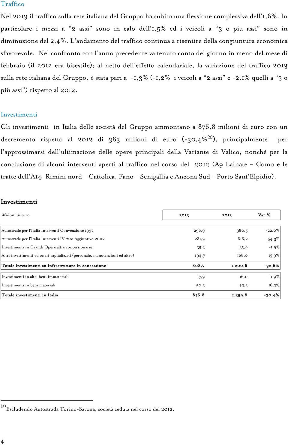 Nel confronto con l anno precedente va tenuto conto del giorno in meno del mese di febbraio (il 2012 era bisestile); al netto dell effetto calendariale, la variazione del traffico 2013 sulla rete