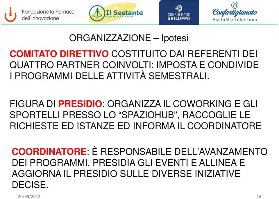 FIGURA DI PRESIDIO: ORGANIZZA IL COWORKING E GLI SPORTELLI PRESSO LO SPAZIOHUB, RACCOGLIE LE RICHIESTE ED ISTANZE