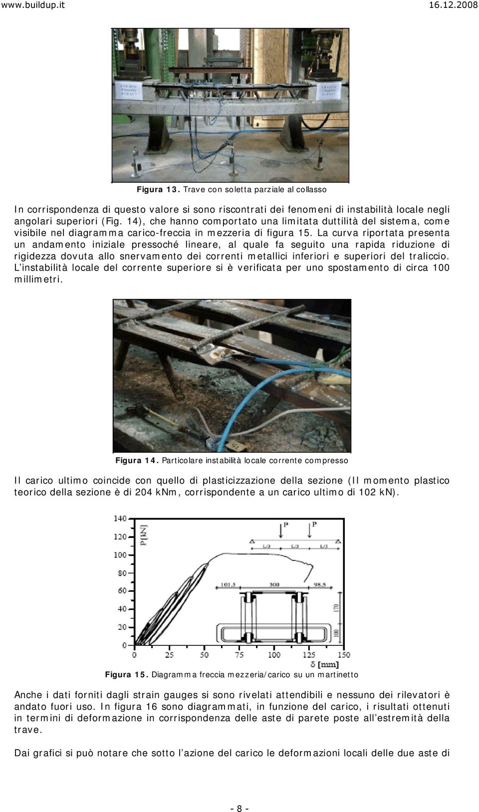 La curva riportata presenta un andamento iniziale pressoché lineare, al quale fa seguito una rapida riduzione di rigidezza dovuta allo snervamento dei correnti metallici inferiori e superiori del