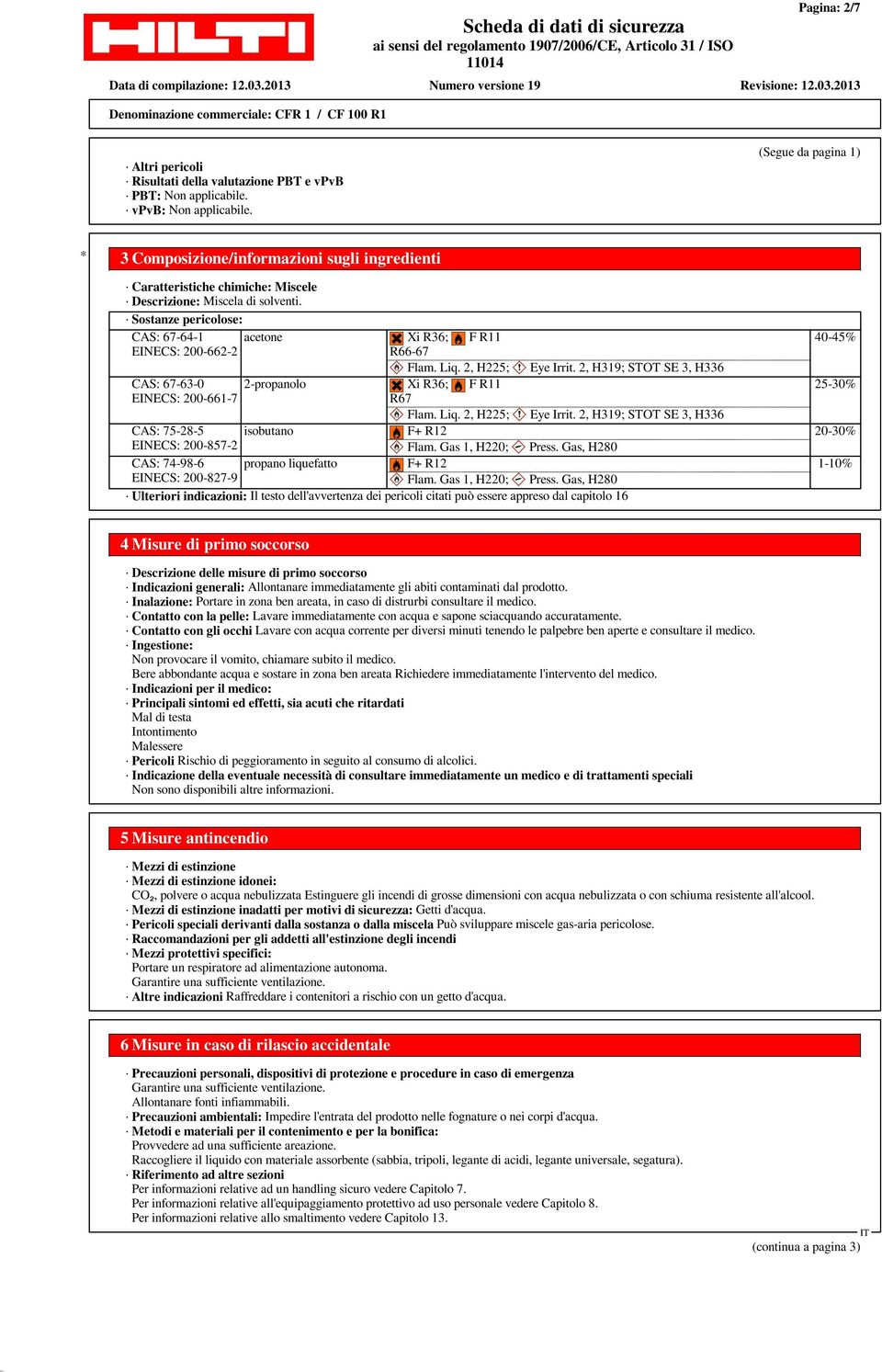 Sostanze pericolose: CAS: Xi R36; F R11 EINECS: 200-662-2 R66-67 Flam. Liq. 2, H225; Eye Irrit. 2, H319; STOT SE 3, H336 CAS: 67-63-0 EINECS: 200-661-7 2-propanolo Xi R36; F R11 R67 Flam. Liq. 2, H225; Eye Irrit. 2, H319; STOT SE 3, H336 CAS: 75-28-5 isobutano F+ R12 EINECS: 200-857-2 Flam.