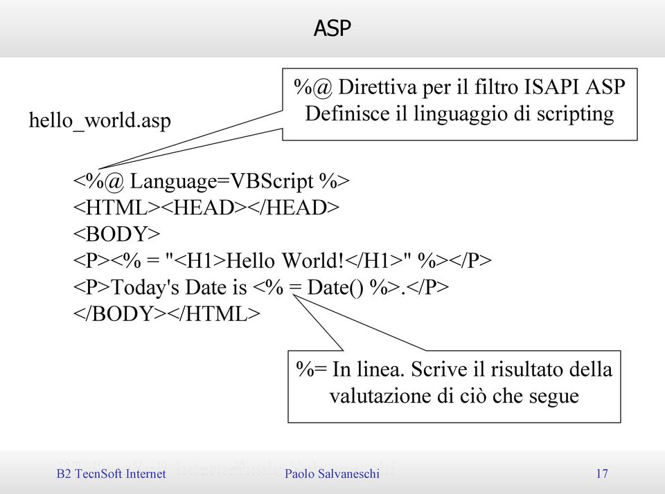 Language=VBScript %> <HTML><HEAD></HEAD> <BODY> <P><% = "<H1>Hello World!