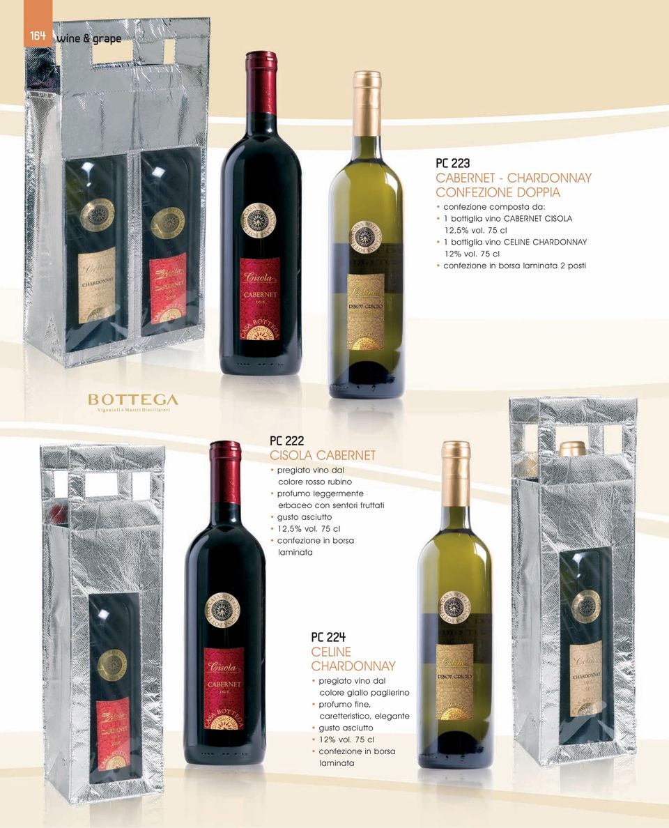 75 cl confezione in borsa laminata 2 posti PC 222 CISOLA CABERNET pregiato vino dal colore rosso rubino profumo leggermente erbaceo con