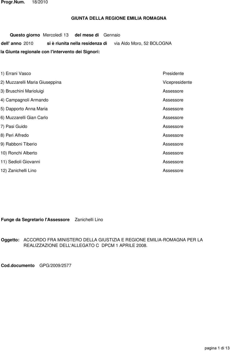 Moro, 52 BOLOGNA 1) Errani Vasco Presidente 2) Muzzarelli Maria Giuseppina Vicepresidente 3) Bruschini Marioluigi Assessore 4) Campagnoli Armando Assessore 5) Dapporto Anna Maria Assessore 6)