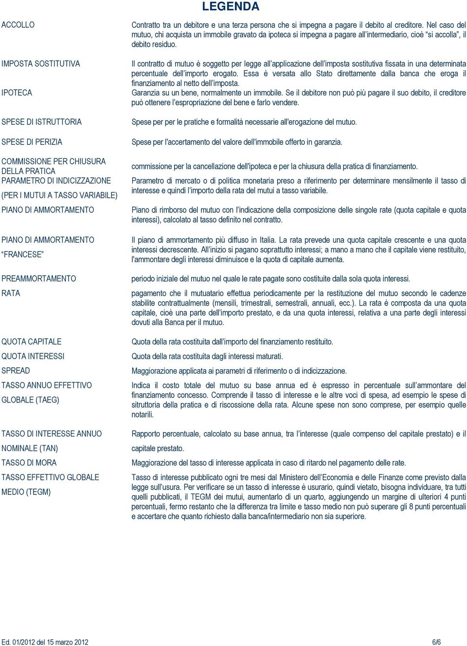 EFFETTIVO GLOBALE MEDIO (TEGM) Contratto tra un debitore e una terza persona che si impegna a pagare il debito al creditore.