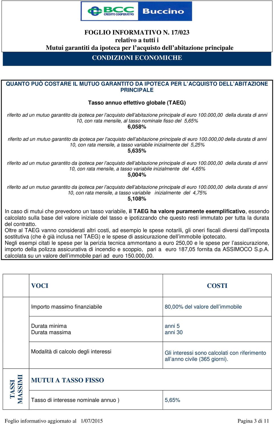 000,00 della durata di anni 10, con rata mensile, al tasso nominale fisso del 5,65% 6,058% riferito ad un mutuo garantito da ipoteca per l 000,00 della durata di anni 10, con rata mensile, a tasso