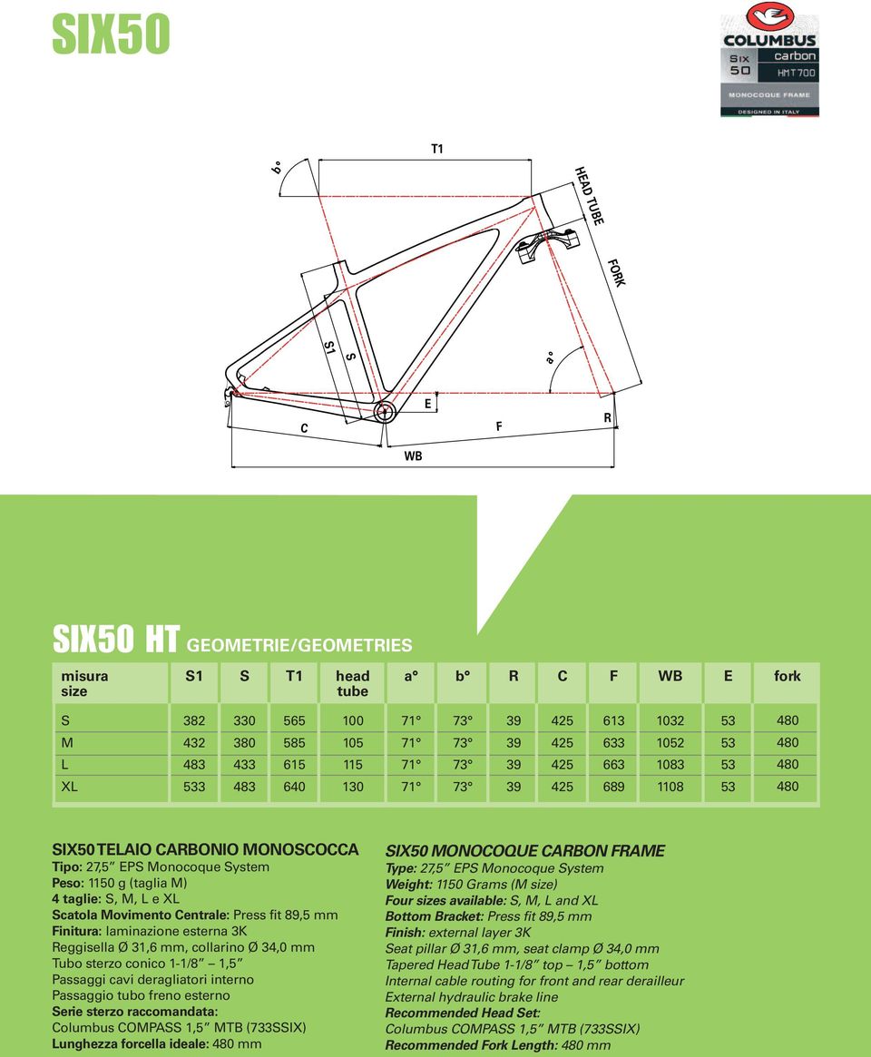 S, M, L e XL Scatola Movimento Centrale: Press fit 89,5 mm Finitura: laminazione esterna 3K Reggisella Ø 31,6 mm, collarino Ø 34,0 mm Tubo sterzo conico 1-1/8 1,5 Passaggi cavi deragliatori interno