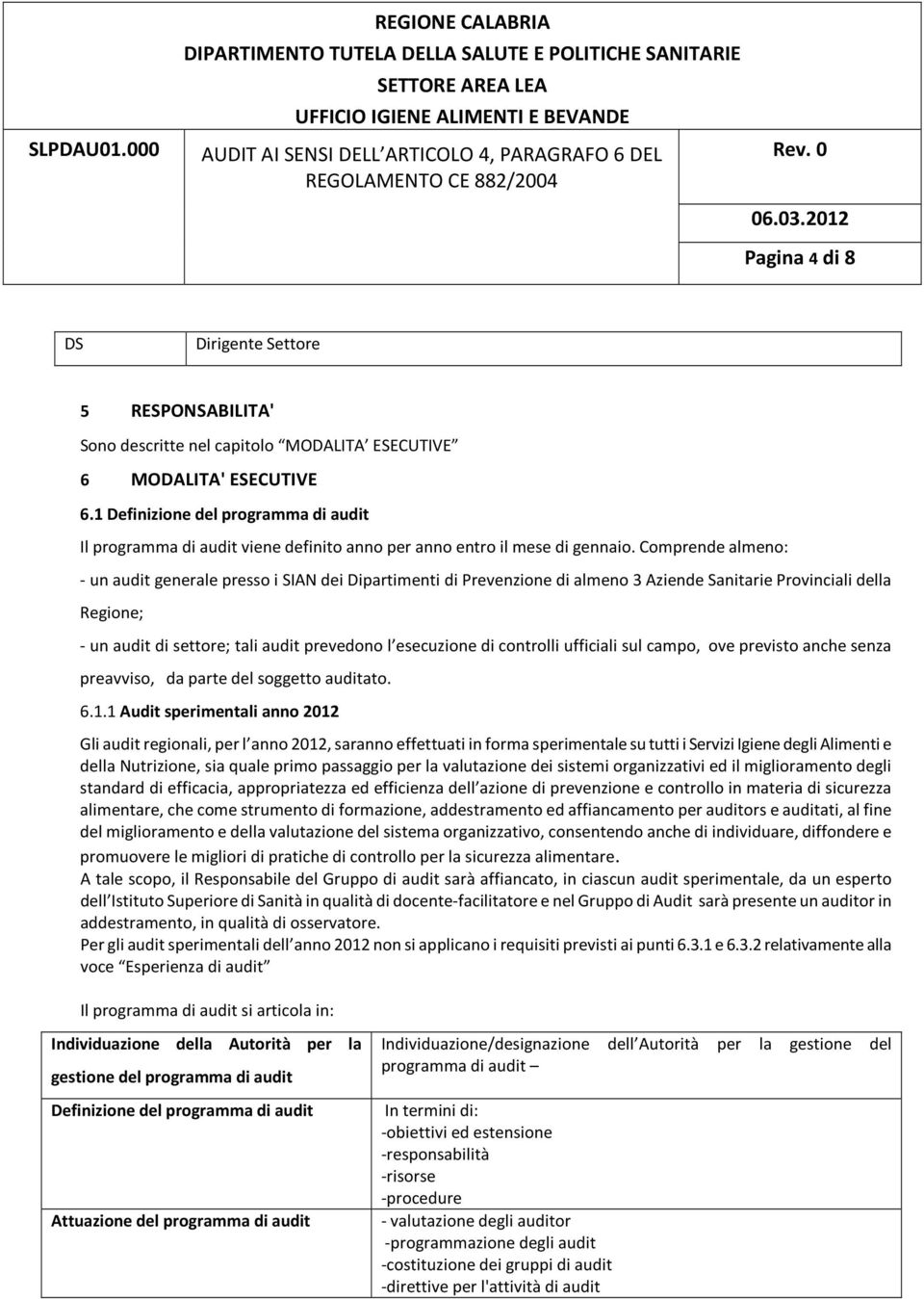 Comprende almeno: - un audit generale presso i SIAN dei Dipartimenti di Prevenzione di almeno 3 Aziende Sanitarie Provinciali della Regione; - un audit di settore; tali audit prevedono l esecuzione